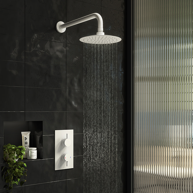 Arezzo Round 200mm Matt White Fixed Shower Head + Wall Mounted Arm  Feature Large Image
