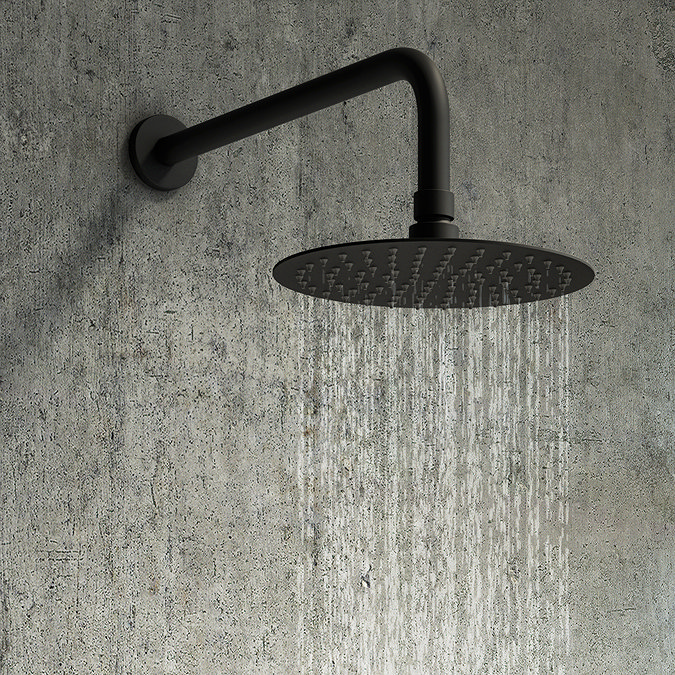 Arezzo Round 250mm Matt Black Fixed Shower Head + Wall Mounted Arm Large Image