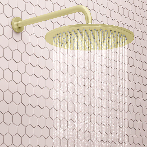 Arezzo Round 300mm Brushed Brass Fixed Shower Head + Wall Mounted Arm  In Bathroom Large Image