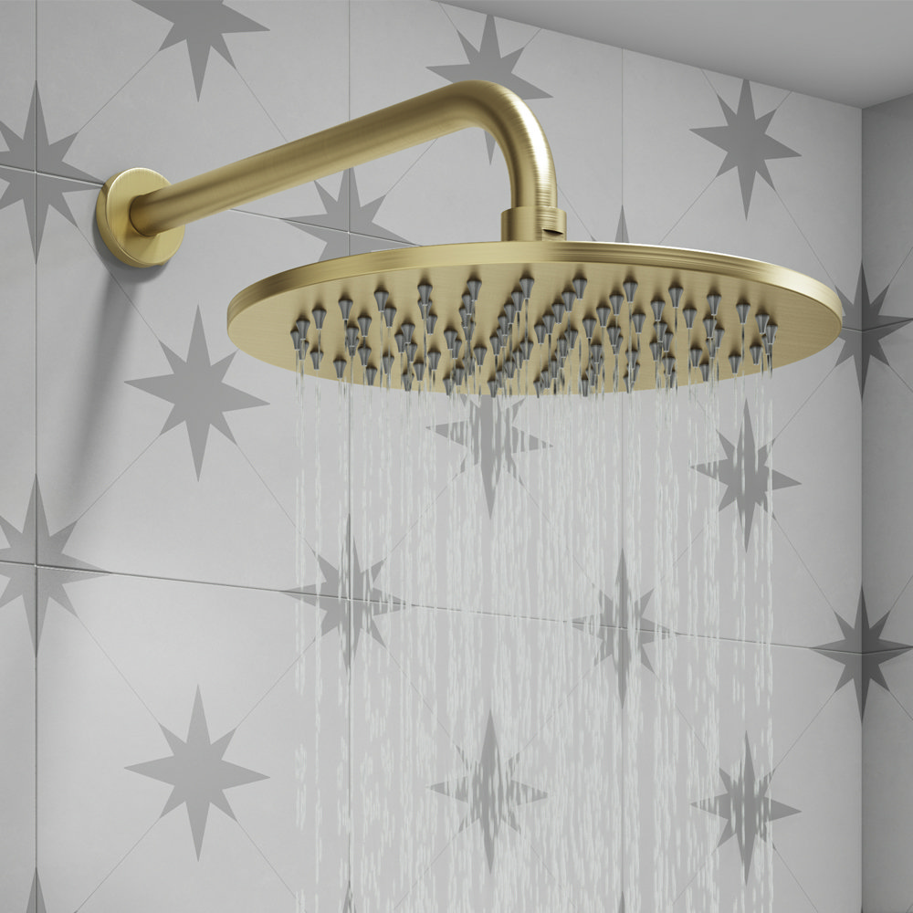 Arezzo Round 300mm Brushed Brass Fixed Shower Head + Wall Mounted Arm Large Image