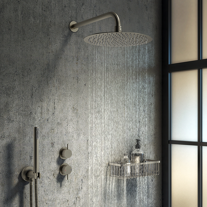 Arezzo Round 300mm Brushed Gunmetal Grey Fixed Shower Head + Wall Mounted Arm  Profile Large Image