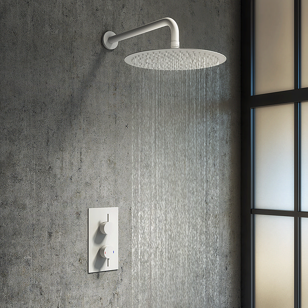 Arezzo Round 300mm Matt White Fixed Shower Head + Wall Mounted Arm  Feature Large Image
