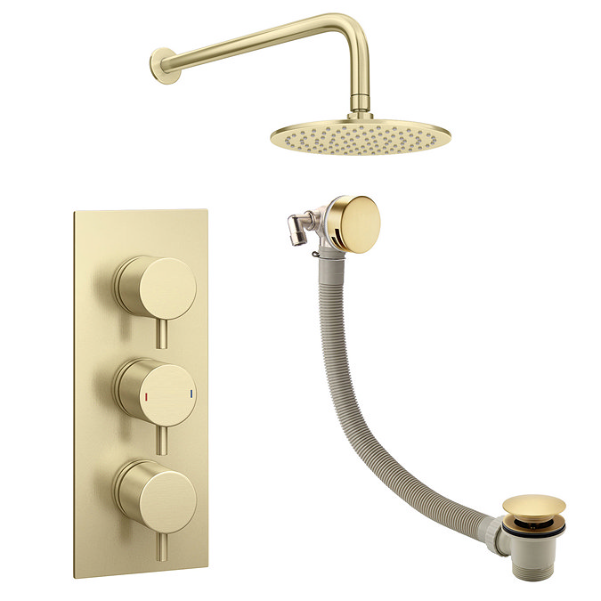 Arezzo Round Brushed Brass 2 Outlet Shower System (Fixed Shower Head + Overflow Bath Filler)  Newest Large Image