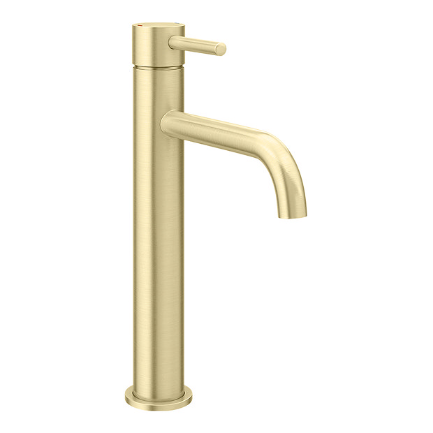 Arezzo Round Brushed Brass High Rise Mono Basin Mixer Tap  In Bathroom Large Image