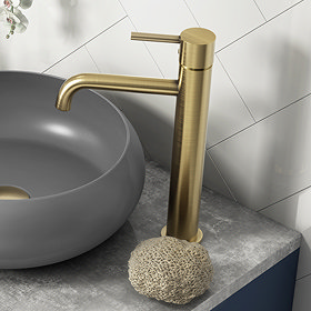 Arezzo Round Brushed Brass High Rise Mono Basin Mixer Tap Large Image