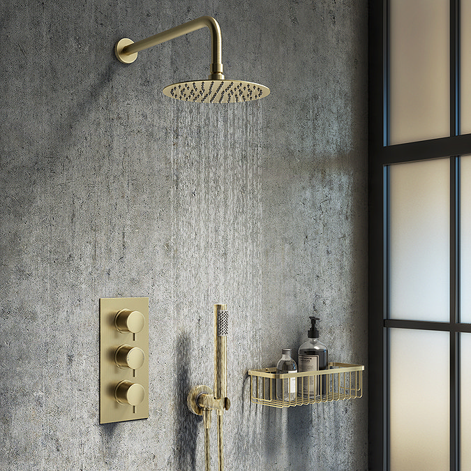 Arezzo Round Brushed Brass Outlet Elbow with Parking Bracket, Flex & Handset  Profile Large Image