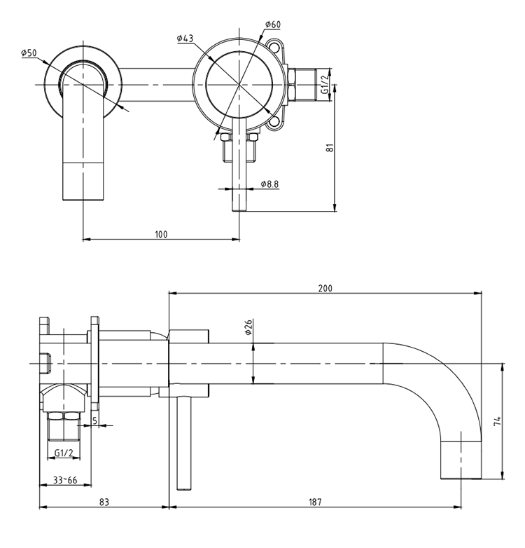 Arezzo Round Brushed Brass Wall Mounted (2TH) Basin Mixer Tap