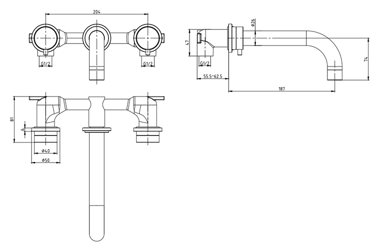 Arezzo Round Brushed Brass Wall Mounted (3TH) Basin Mixer Tap