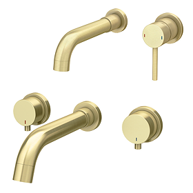 Arezzo Round Brushed Brass Wall Mounted Tap Package (Bath + Basin Tap)