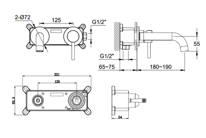 Arezzo Round Chrome Wall Mounted Basin Mixer Tap - 2 Tap Holes