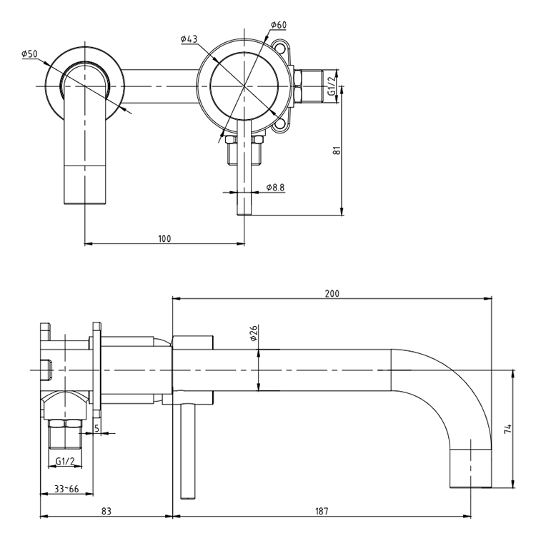 Arezzo Round Chrome Wall Mounted Basin Mixer Tap - 2 Tap Holes