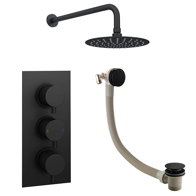 Arezzo Round Matt Black 2 Outlet Shower System (Fixed Shower Head + Overflow Bath Filler)  Newest Large Image