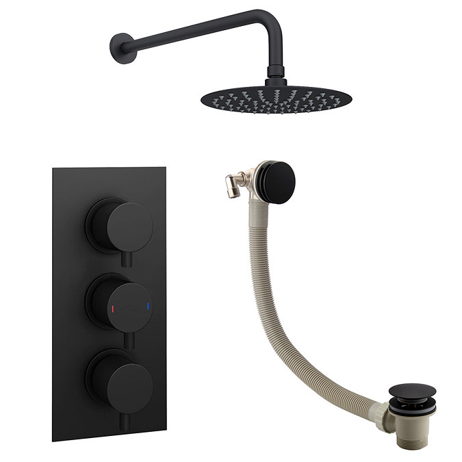 Arezzo Round Matt Black 2 Outlet Shower System (Fixed Shower Head + Overflow Bath Filler) Newest Large Image
