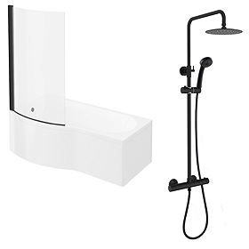 Arezzo Round Matt Black Shower Bath + Exposed Shower Pack (1700 B Shaped with Screen + Panel)