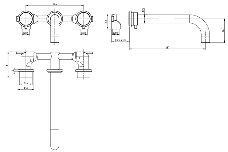 Arezzo Matt Black Round Wall Mounted (3TH) Bath Filler Tap