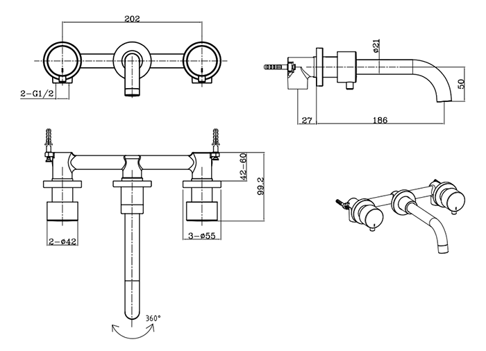 Arezzo Round Matt White Wall Mounted (3TH) Bath Filler Tap