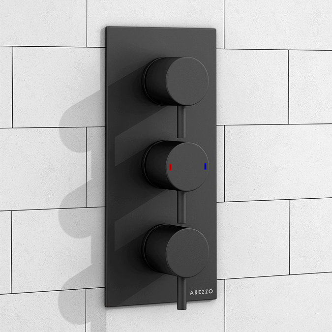 Arezzo Round Triple Concealed Thermostatic Shower Valve with Diverter - Matt Black