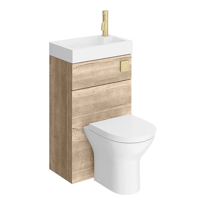 Arezzo Rustic Oak 2-In-1 Wash Basin & Toilet (500mm Wide x 300mm) incl. Brushed Brass Flush  Newest 