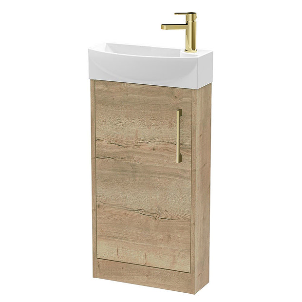 Arezzo Rustic Oak 450mm 1TH Floor Standing Cloakroom Vanity Unit With Brushed Brass Handle Large Ima
