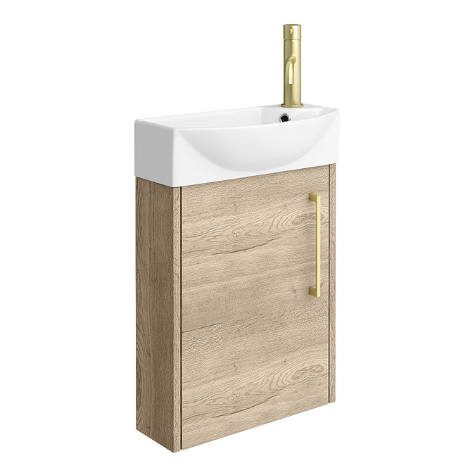 Arezzo Rustic Oak 450mm 1TH Wall Hung Cloakroom Vanity unit with Brushed Brass Handle  Standard Larg