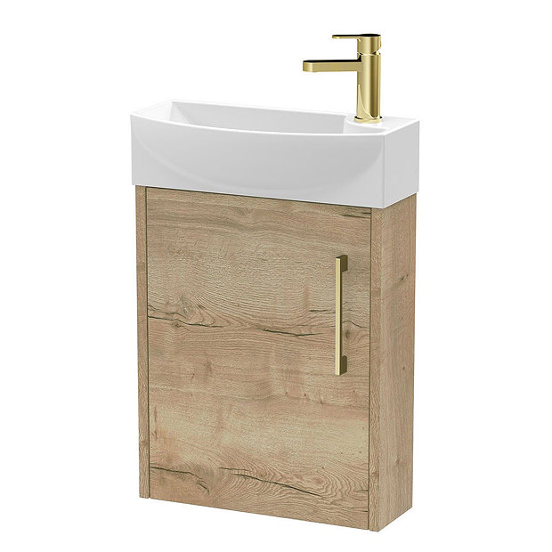 Arezzo Rustic Oak 450mm 1TH Wall Hung Cloakroom Vanity unit with Brushed Brass Handle