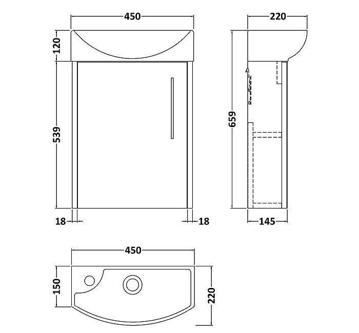 Arezzo Rustic Oak 450mm 1TH Wall Hung Cloakroom Vanity unit with Brushed Brass Handle