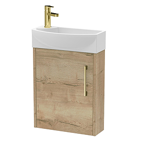 Arezzo Rustic Oak 450mm 1TH Wall Hung Cloakroom Vanity unit with Brushed Brass Handle