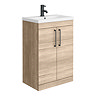 Arezzo Rustic Oak 600mm Floor Standing Vanity Unit, Tall Cabinet + Toilet Pack with Matt Black Handles