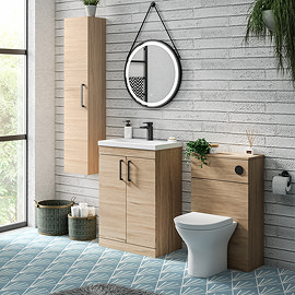Arezzo Rustic Oak 600mm Floor Standing Vanity Unit, Tall Cabinet + Toilet Pack with Matt Black Handles