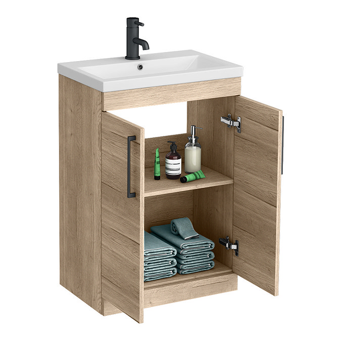 Arezzo Rustic Oak 600mm Floor Standing Vanity Unit + Toilet Pack with Matt Black Handles