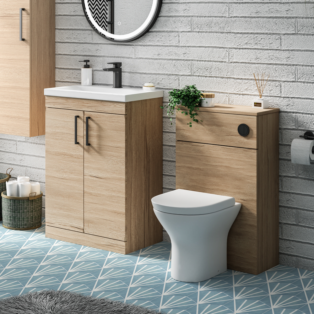 Arezzo Rustic Oak 600mm Floor Standing Vanity Unit Toilet Pack