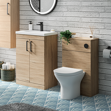 Arezzo Rustic Oak 600mm Floor Standing Vanity Unit + Toilet Pack with Matt Black Handles