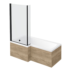 Arezzo Rustic Oak Shower Bath - 1700mm L Shaped with Matt Black Screen + Panel