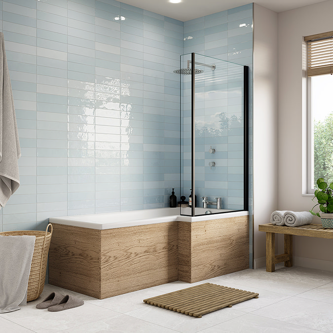 Arezzo Rustic Oak Shower Bath - 1700mm L Shaped with Matt Black Screen + Panel