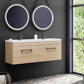 Arezzo Rustic Oak Wall Hung Double Basin Vanity Unit (1205mm w. Mat Black Handles) Large Image