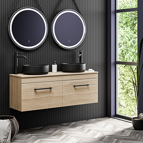 Arezzo Rustic Oak Wall Hung Double Countertop Vanity incl. 2 Matt Black Basins (1200mm w. Black Hand