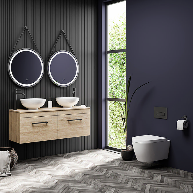 Arezzo Rustic Oak Wall Hung Double Countertop Vanity Unit (1200mm w. Matt Black Handles) Feature La