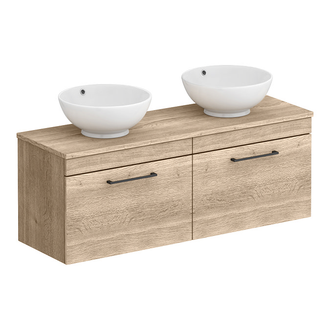 Arezzo Rustic Oak Wall Hung Double Countertop Vanity Unit incl. 2 Basins (1200mm w. Matt Black Handles)  Newest Large Image