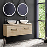 Arezzo Rustic Oak Wall Hung Double Countertop Vanity Unit incl. 2 Basins (1200mm w. Matt Black Handl