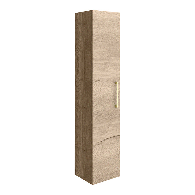 Arezzo Rustic Oak Wall Hung Tall Storage Cabinet with Brushed Brass Handle Large Image