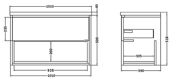 Arezzo Senza 1000mm Matt Black / Vicenza Oak Wall Hung Vanity Unit with Open Shelf + Ceramic Basin