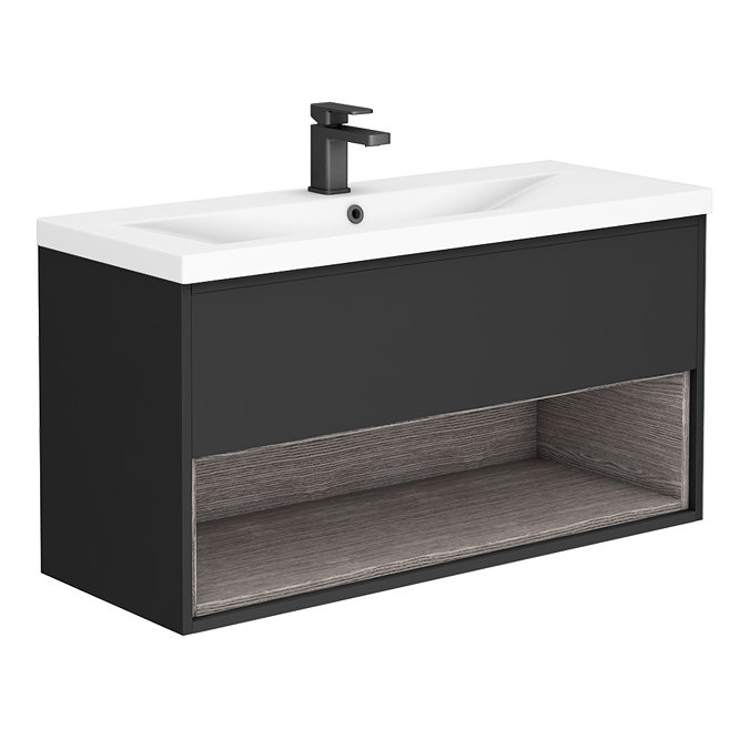 Arezzo Senza 1000mm Matt Black / Vicenza Oak Wall Hung Vanity Unit with Open Shelf + Ceramic Basin