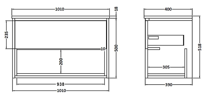 Arezzo Senza 1000mm Matt Black / Vicenza Oak Wall Hung Vanity Unit with Open Shelf + Matt Black Slimline Basin 