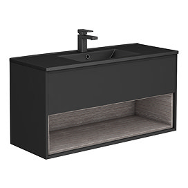 Arezzo Senza 1000mm Matt Black / Vicenza Oak Wall Hung Vanity Unit with Open Shelf + Matt Black Slimline Basin