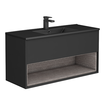 Arezzo Senza 1000mm Matt Black / Vicenza Oak Wall Hung Vanity Unit with Open Shelf + Matt Black Slimline Basin 