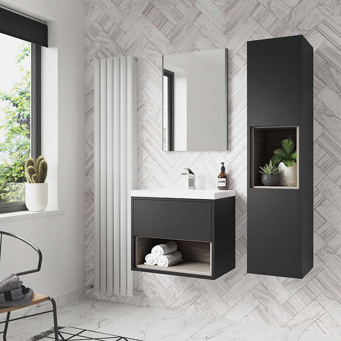 Arezzo Senza 500mm Matt Black / Vicenza Oak Wall Hung Vanity Unit with Open Shelf + Ceramic Basin