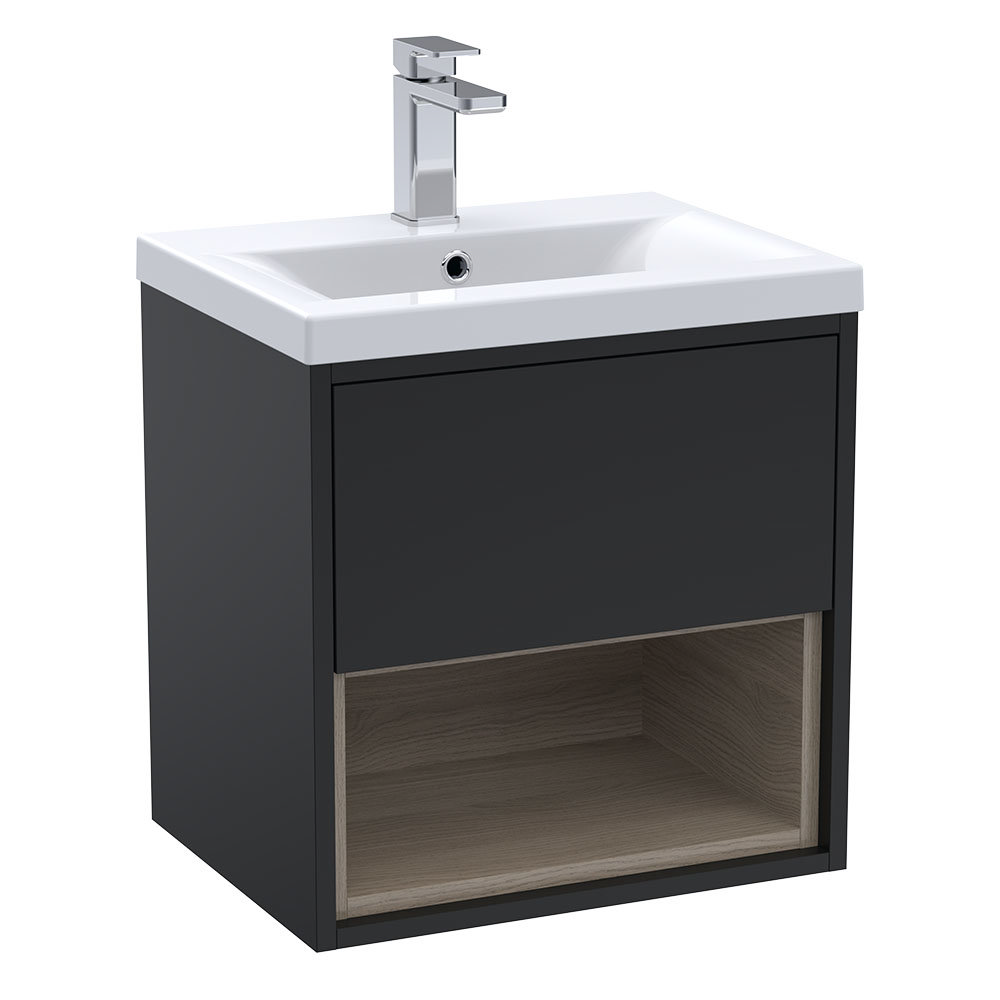 Arezzo Senza 500mm Matt Black / Vicenza Oak Wall Hung Vanity Unit with