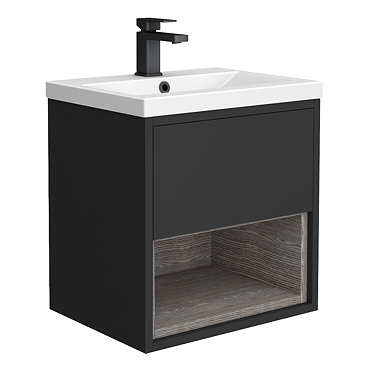 Arezzo Senza 500mm Matt Black / Vicenza Oak Wall Hung Vanity Unit with Open Shelf + Ceramic Basin