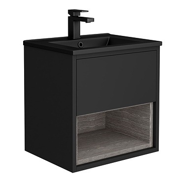 Arezzo Senza 500mm Matt Black / Vicenza Oak Wall Hung Vanity Unit with Open Shelf + Matt Black Slimline Basin