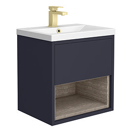 Arezzo Senza 500mm Matt Blue / Vicenza Oak Wall Hung Vanity Unit with Open Shelf + Ceramic Basin